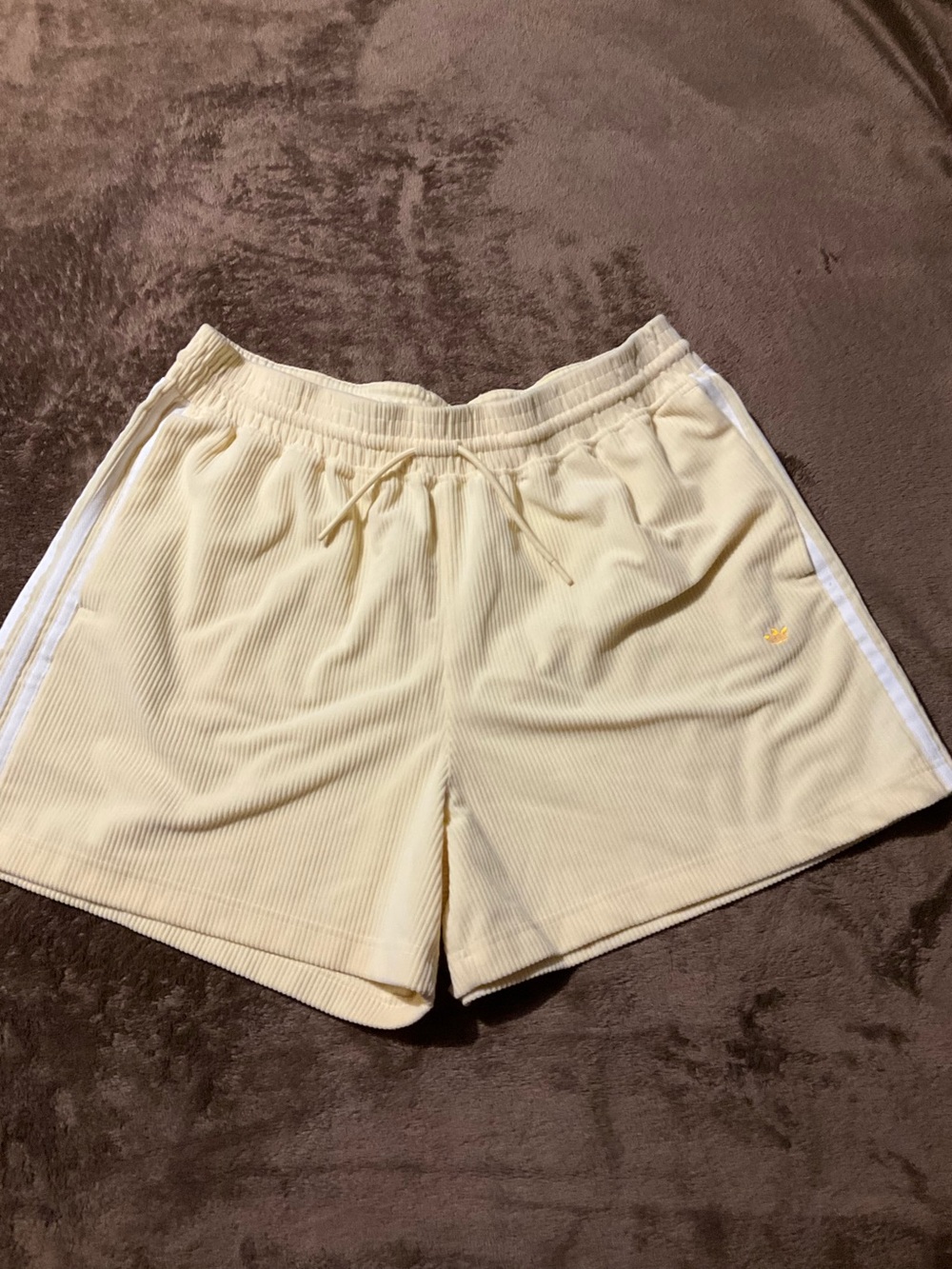 adidas Cream Ribbed Drawstring Athletic Shorts with Side Stripes
